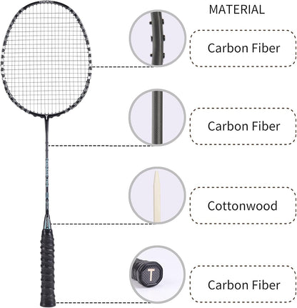Professional Badminton Rackets Set of 4 Sports Outdoor Backyard or Indoor Badminton Game Set with Shuttlecocks- Includes 4 Black Rackets, 12 Duck Feather Badminton Shuttlecocks