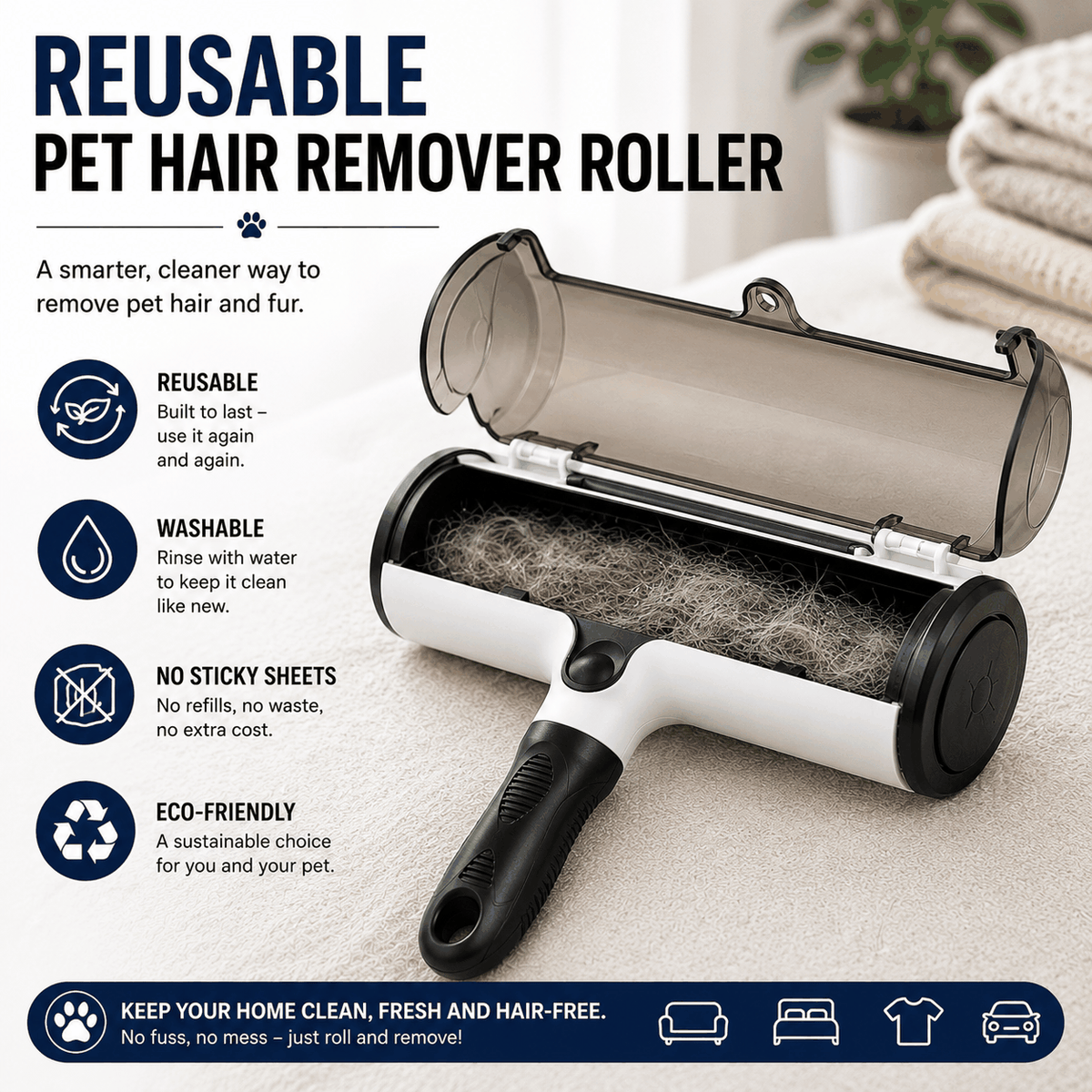 Reusable Washable Pet Hair Remover Roller for Dogs & Cats