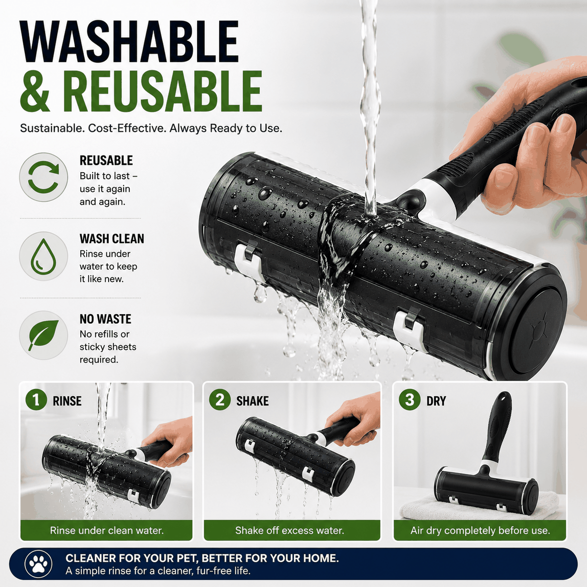 Reusable Washable Pet Hair Remover Roller for Dogs & Cats
