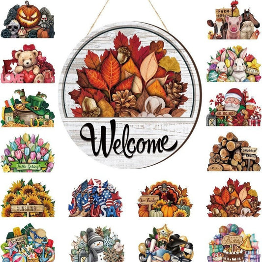 16Pcs Interchangeable Welcome Sign,Classic Color,Welcome Front Door Wreath Decor